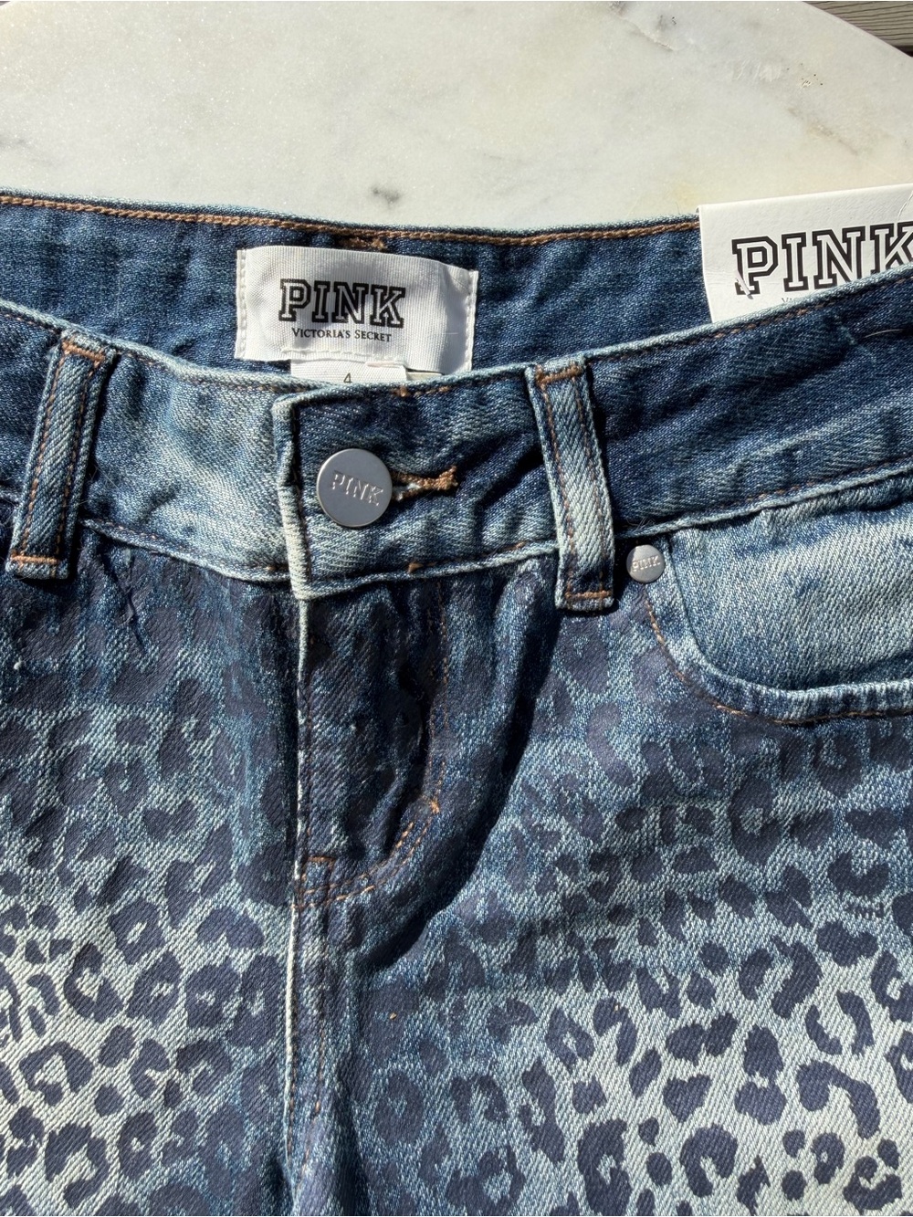 Victoria's Secret PINK CHEEKY CUT OFF blue denim shorts with leopard print